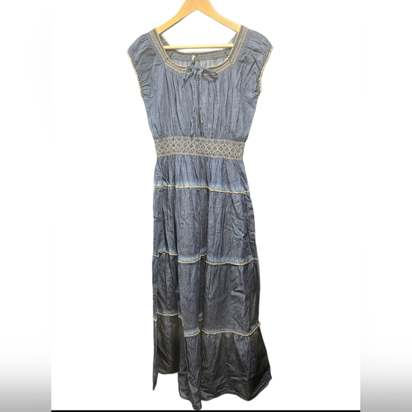 Indigo & Lace Boho Denim Smocked Maxi Dress - Tiered Western Prairie - Size S - Picture 2 of 6